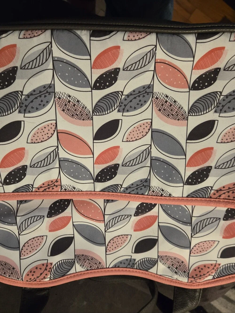 Cherokee Coral Pink and Gray Leaf-Pattern Tote with Black Straps